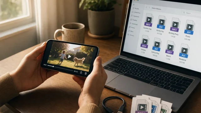Person holds a smartphone playing a video of a child and a dog beside a laptop showing video file icons on screen in a home setup - convert-video-to-ipad-format-featured