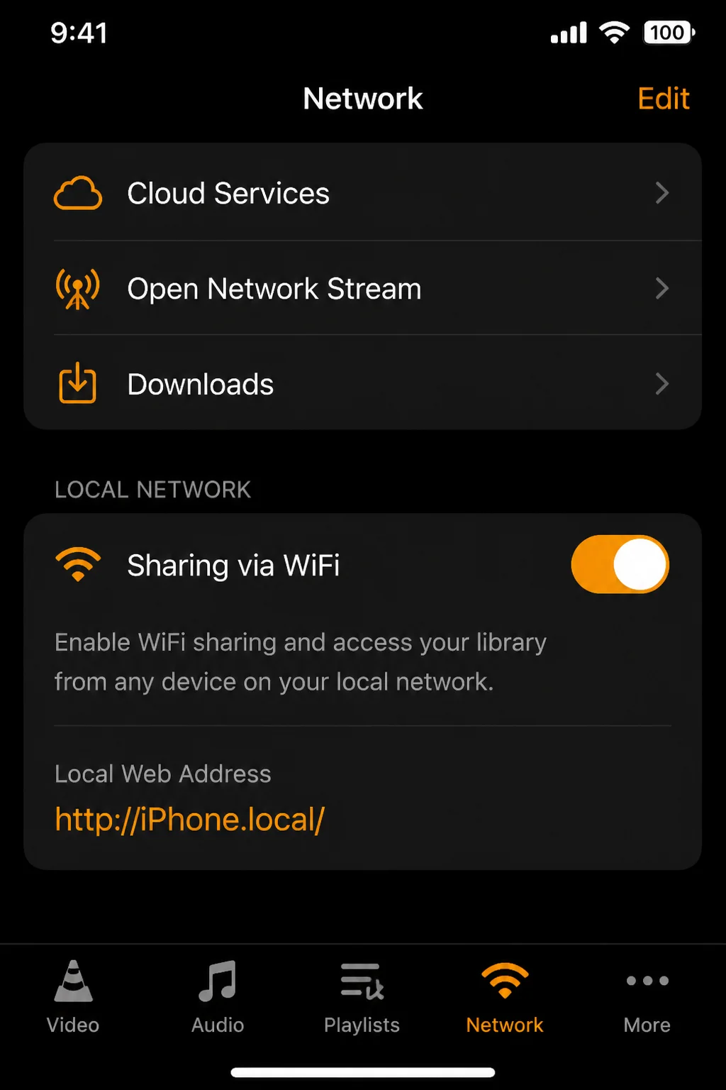 VLC for iOS Network tab with Sharing via WiFi enabled, showing the local web address