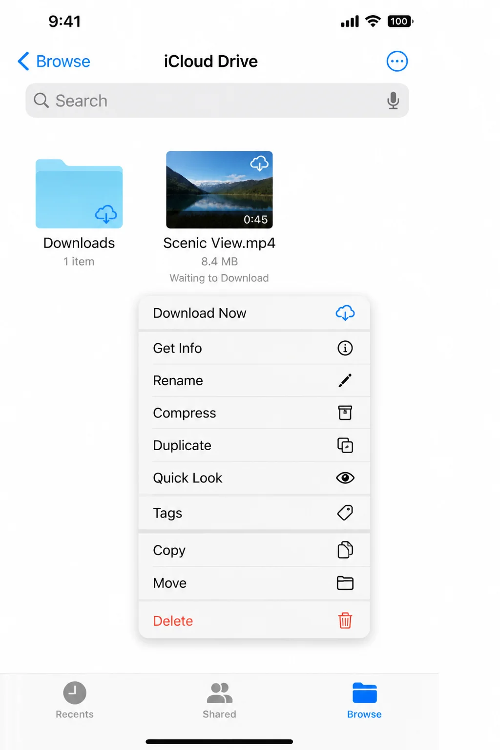 iOS Files app showing iCloud Drive folder with an MP4 video file, long-press context menu visible with Download Now option