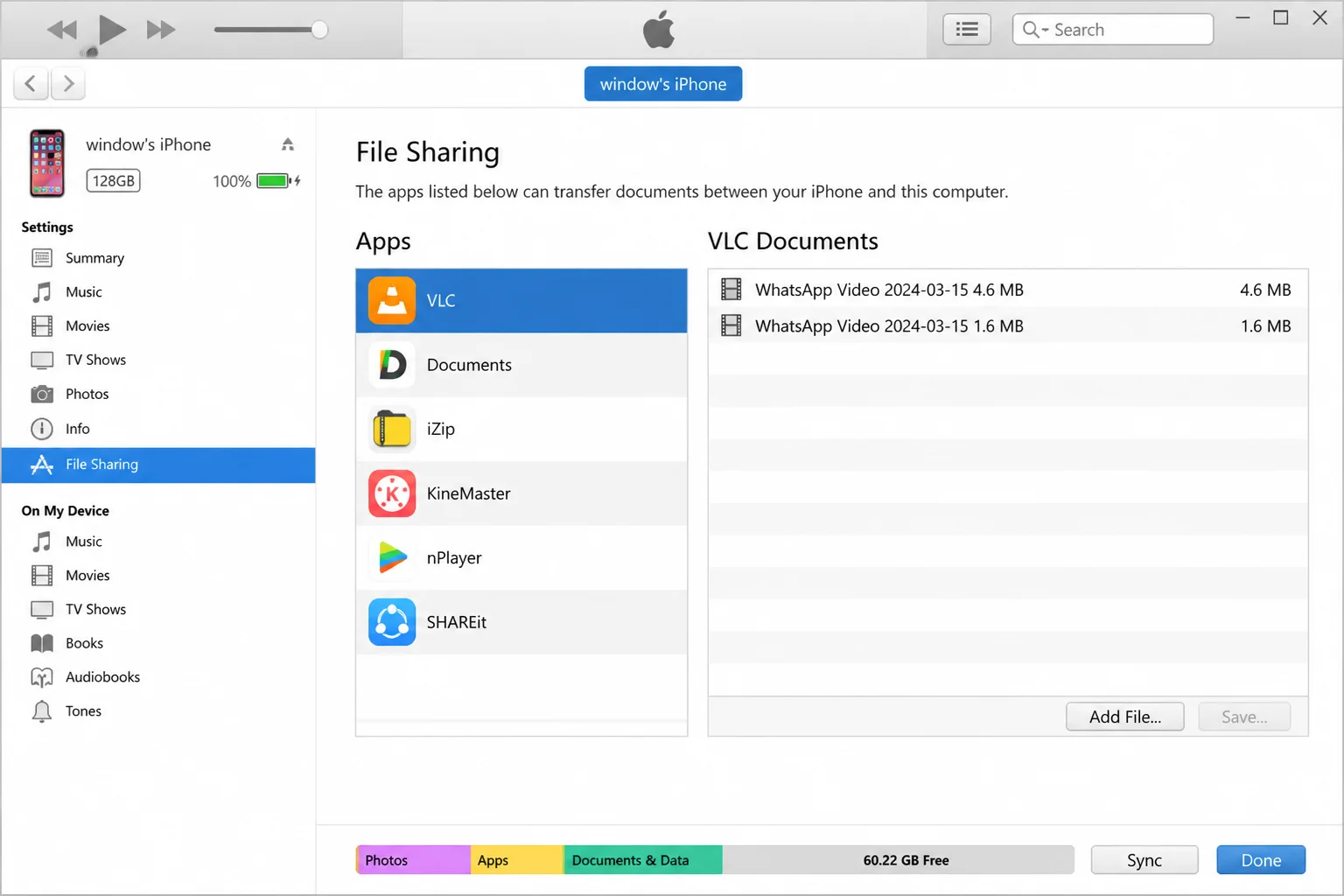 iTunes File Sharing panel with VLC selected and a video file in the documents list