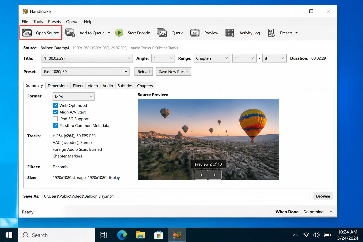 HandBrake main window showing Open Source button and a loaded video file with source details visible