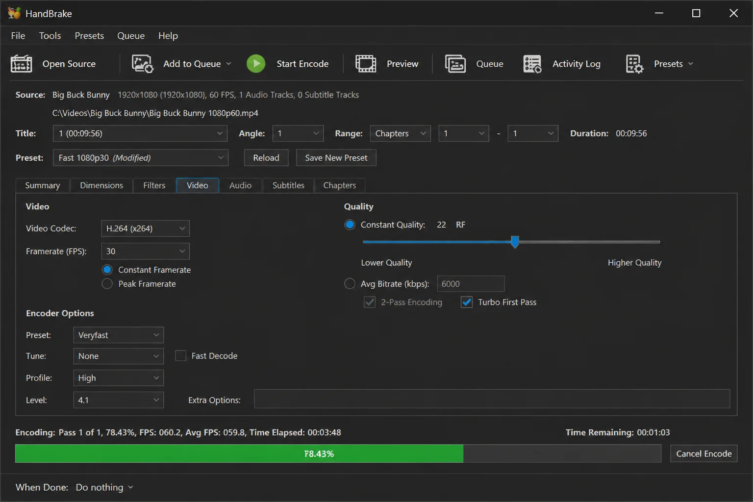 HandBrake encoding in progress with progress bar and estimated time remaining visible at the bottom