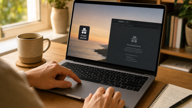 Hands on a laptop with a private browsing window visible on the screen, on a wooden desk beside a coffee mug. - create-a-desktop-shortcut-to-open-google-chrome-in-incognito-mode-featured