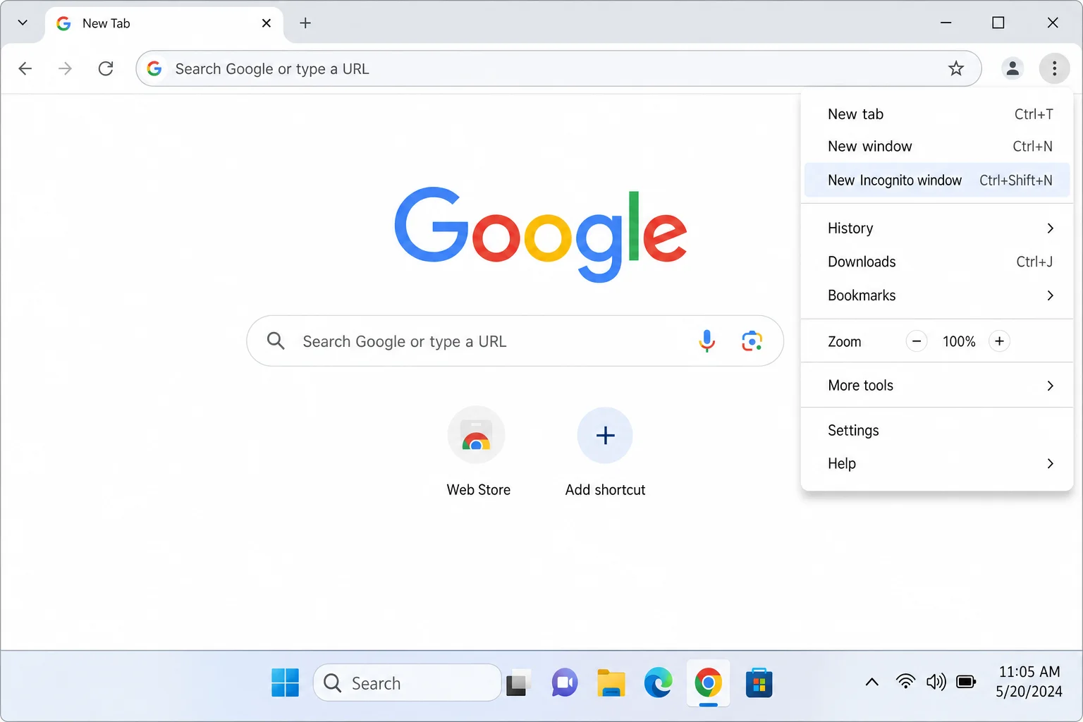 Chrome three-dot menu open with "New Incognito window" option highlighted