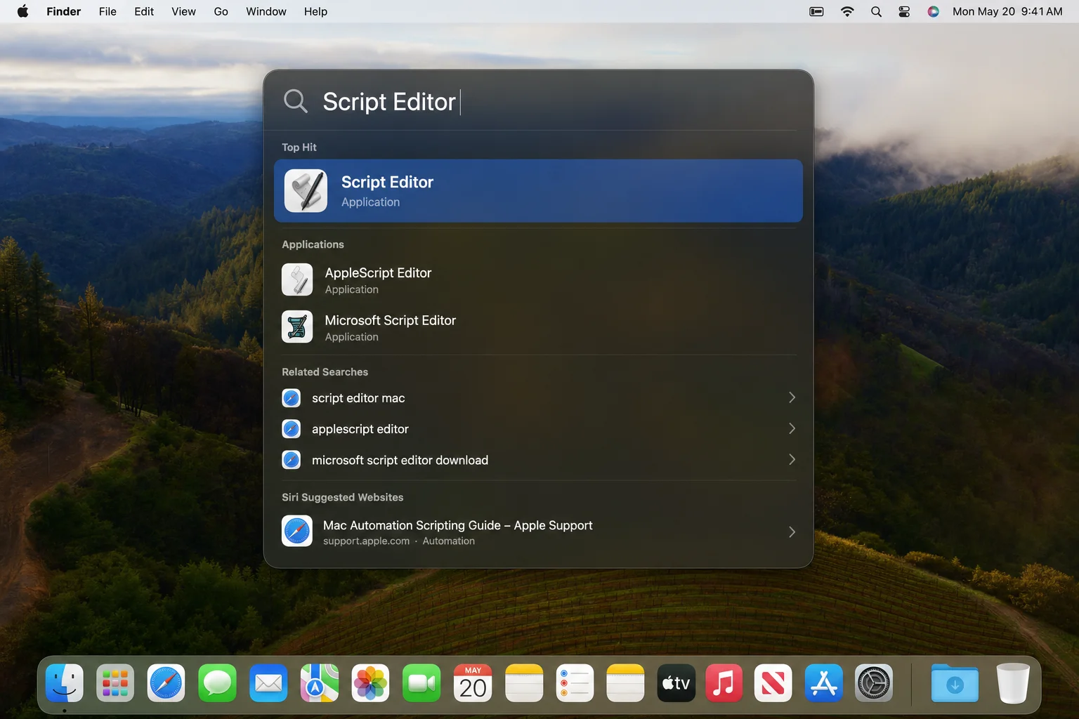macOS Spotlight search with "Script Editor" typed and the Script Editor app highlighted in results