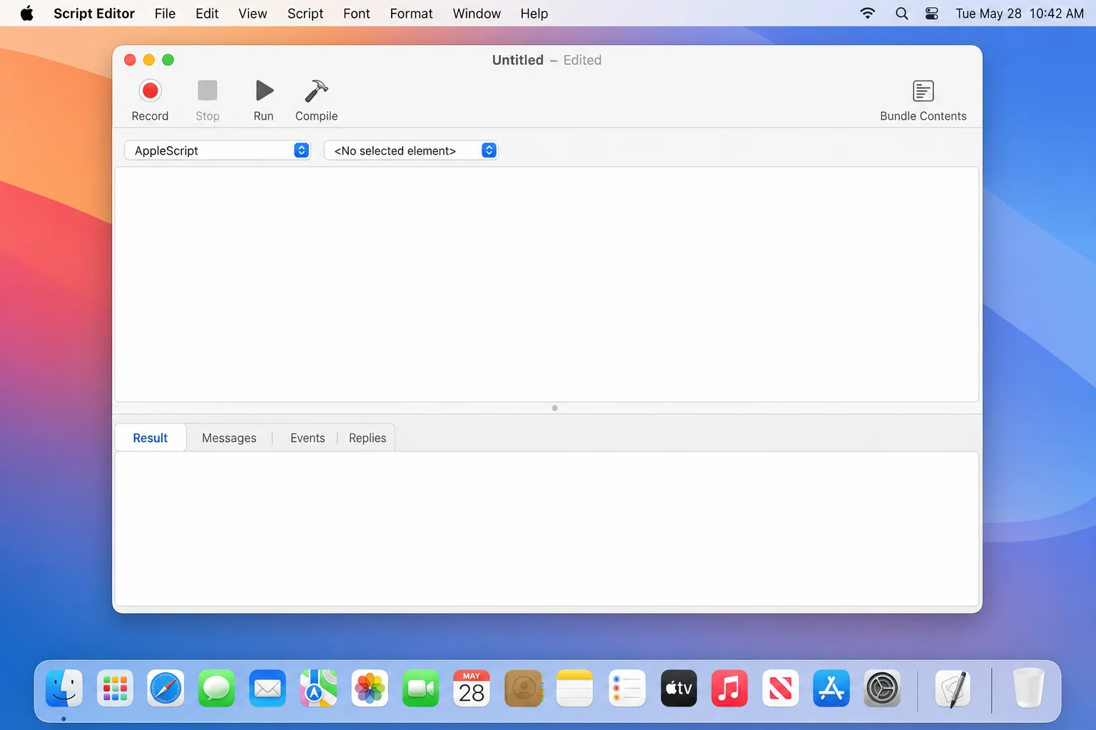 macOS Script Editor app showing the New Document button or a blank new script window