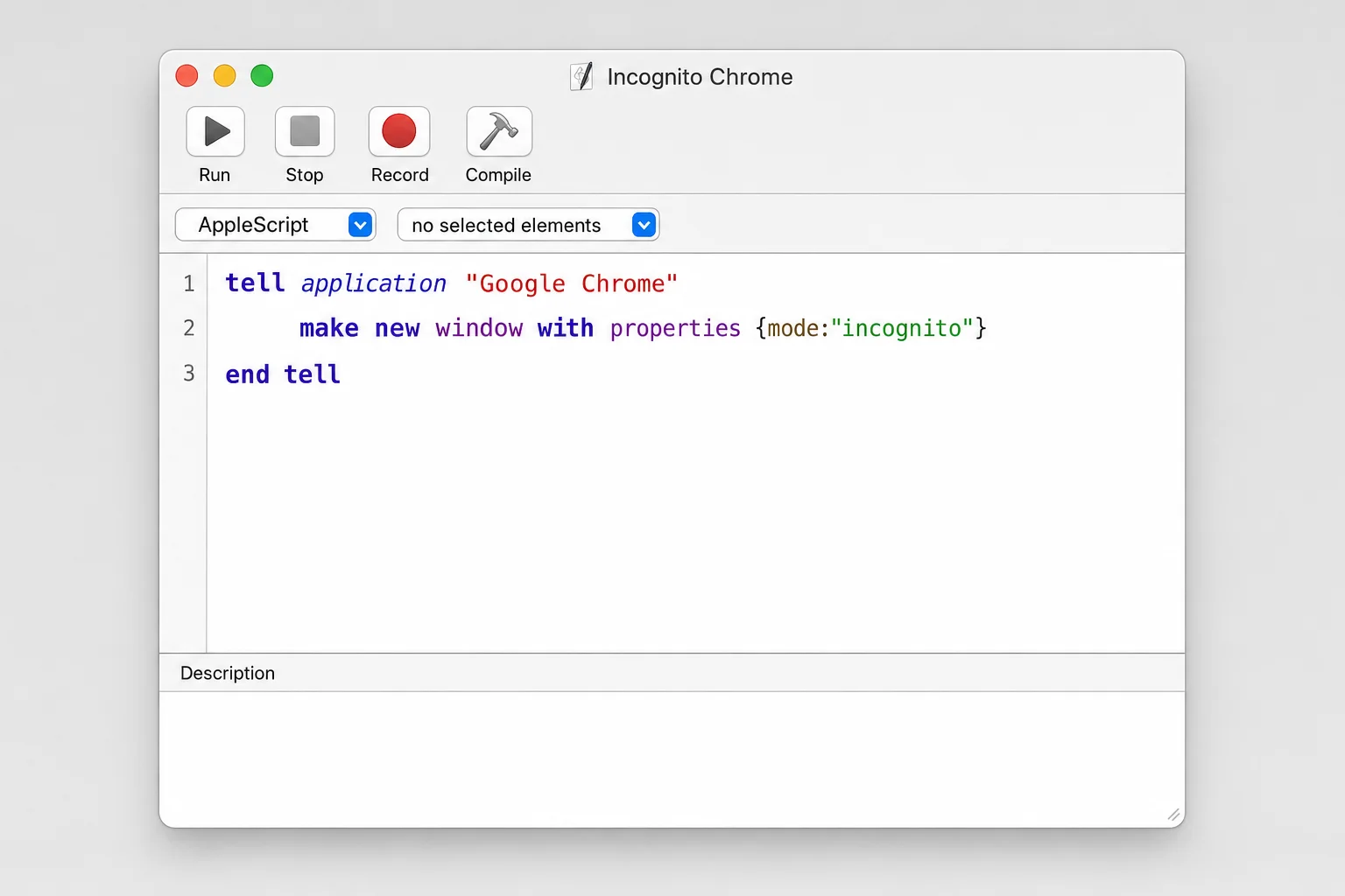 macOS Script Editor window with the Chrome Incognito AppleScript code pasted into the editor