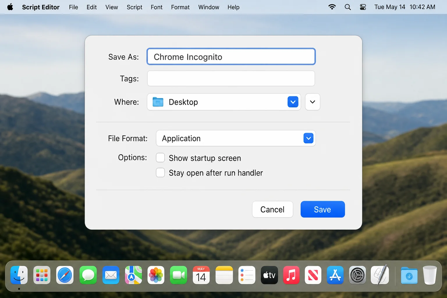 macOS Script Editor Save As dialog with the name "Chrome Incognito", location set to Desktop, and File Format set to Application