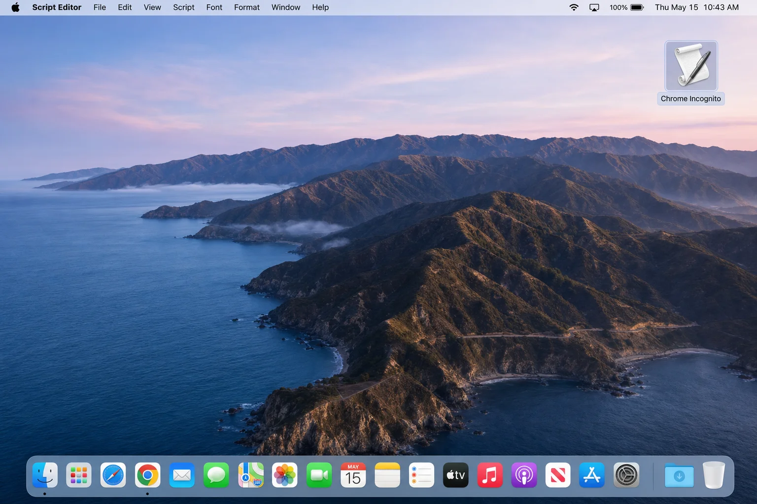 macOS desktop showing the newly saved Chrome Incognito application icon with the default Script Editor icon
