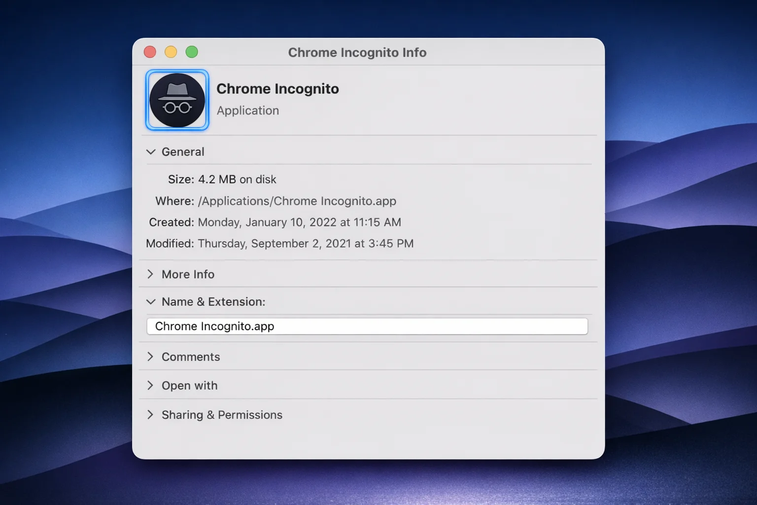 macOS Get Info window for the Chrome Incognito app showing the icon in the top-left corner highlighted in blue, ready to be replaced