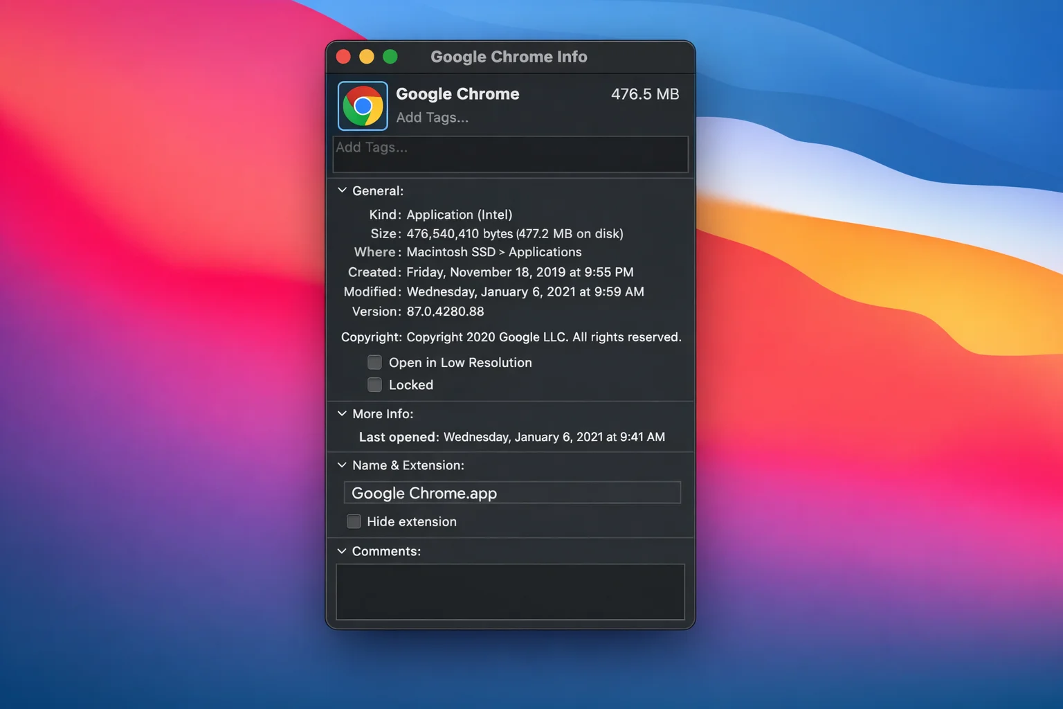 macOS Get Info window for Google Chrome in the Applications folder, with the Chrome icon in the top-left selected