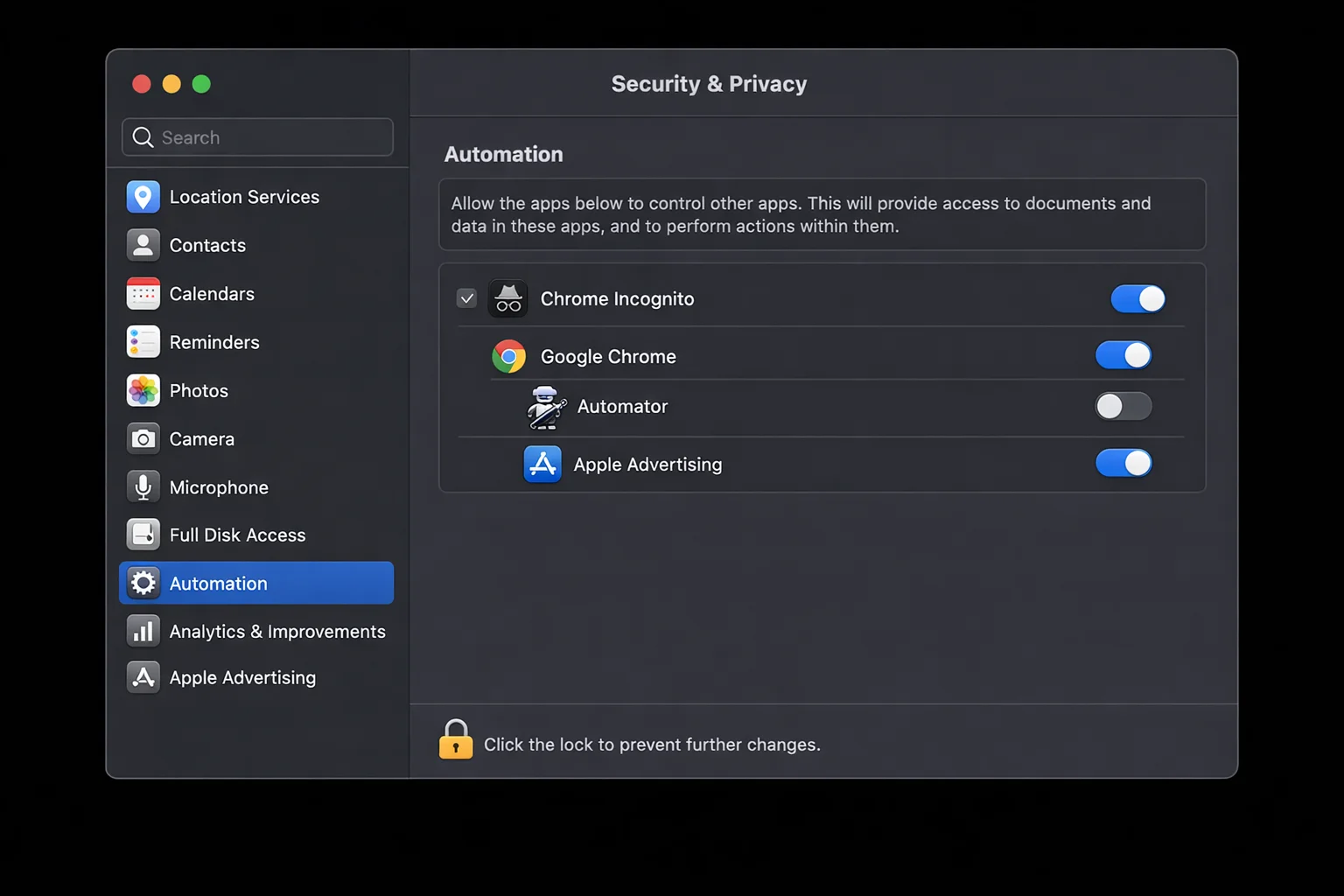 macOS System Settings Privacy & Security > Automation page showing the Chrome Incognito app with permission to control Google Chrome enabled