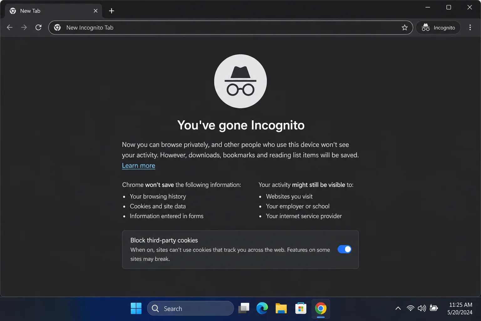 A new Chrome Incognito window open, showing the dark Incognito splash screen with the spy icon