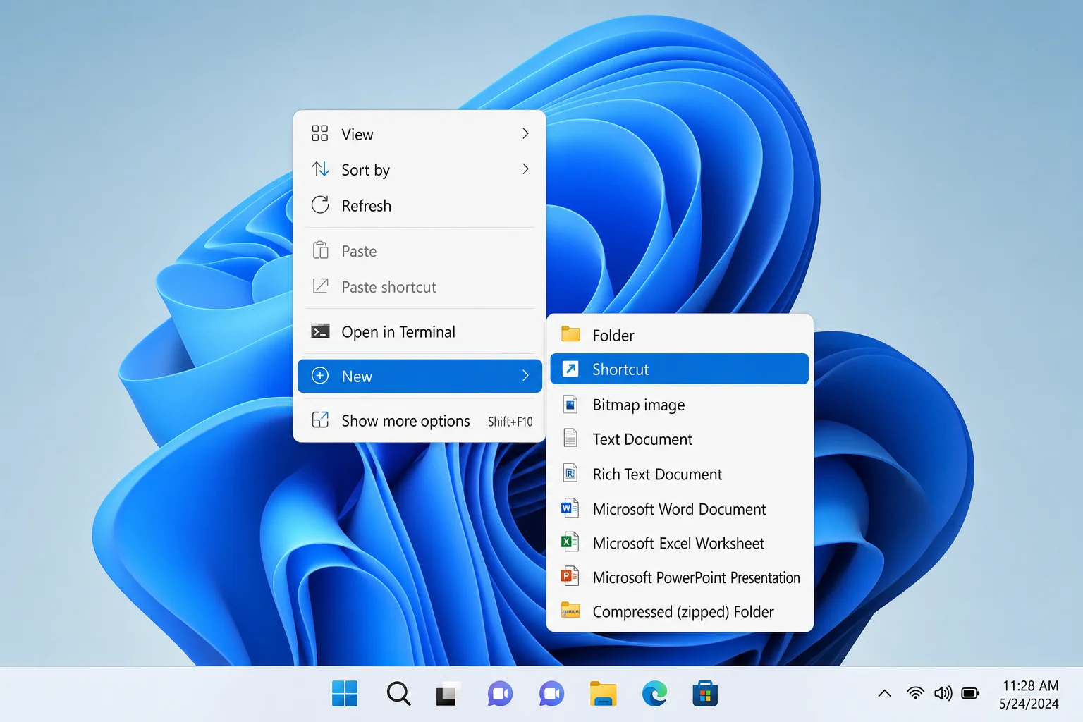 Windows 11 desktop right-click context menu with New > Shortcut highlighted