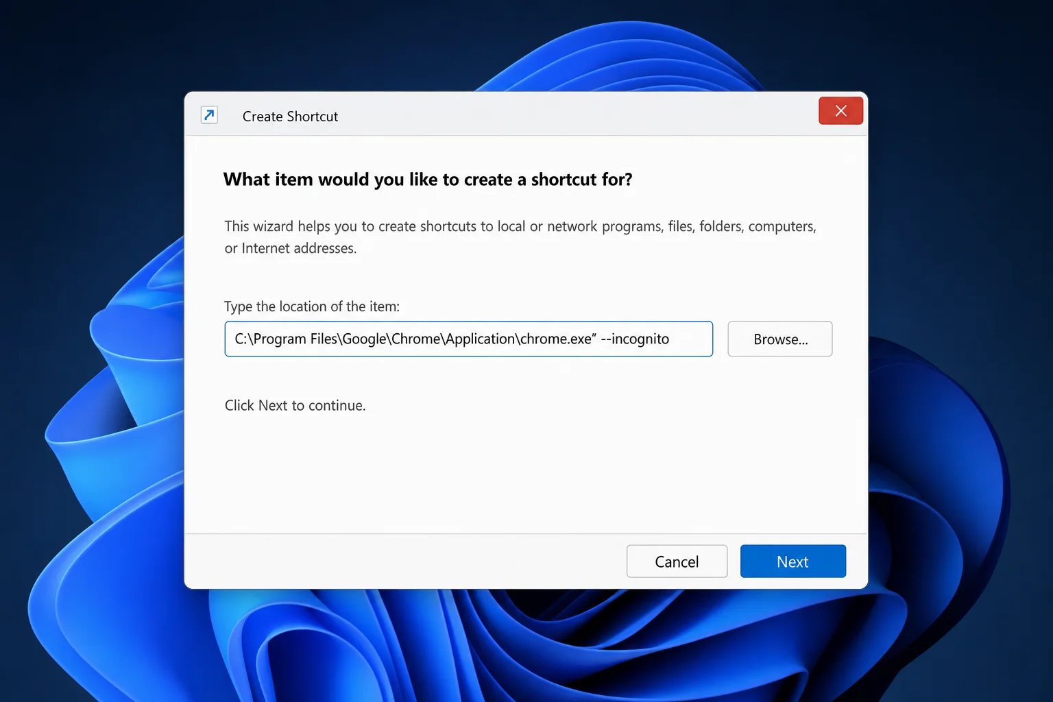 Windows 11 Create Shortcut dialog with the Chrome executable path and -incognito flag entered in the location field