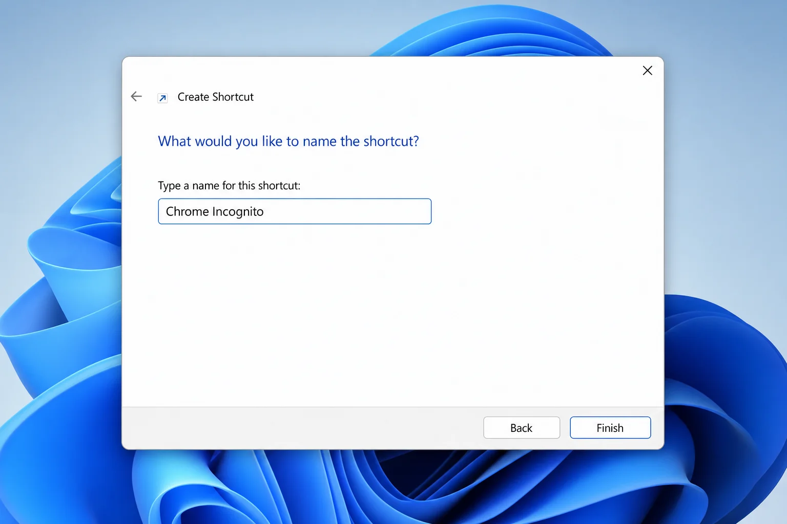 Windows 11 Create Shortcut dialog on the naming step with "Chrome Incognito" typed in the name field