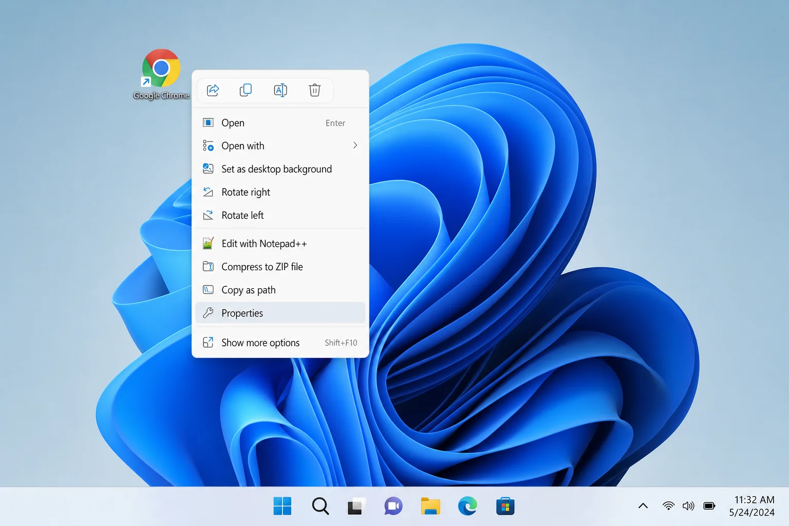 Windows 11 desktop right-click context menu on a Chrome shortcut with Properties highlighted