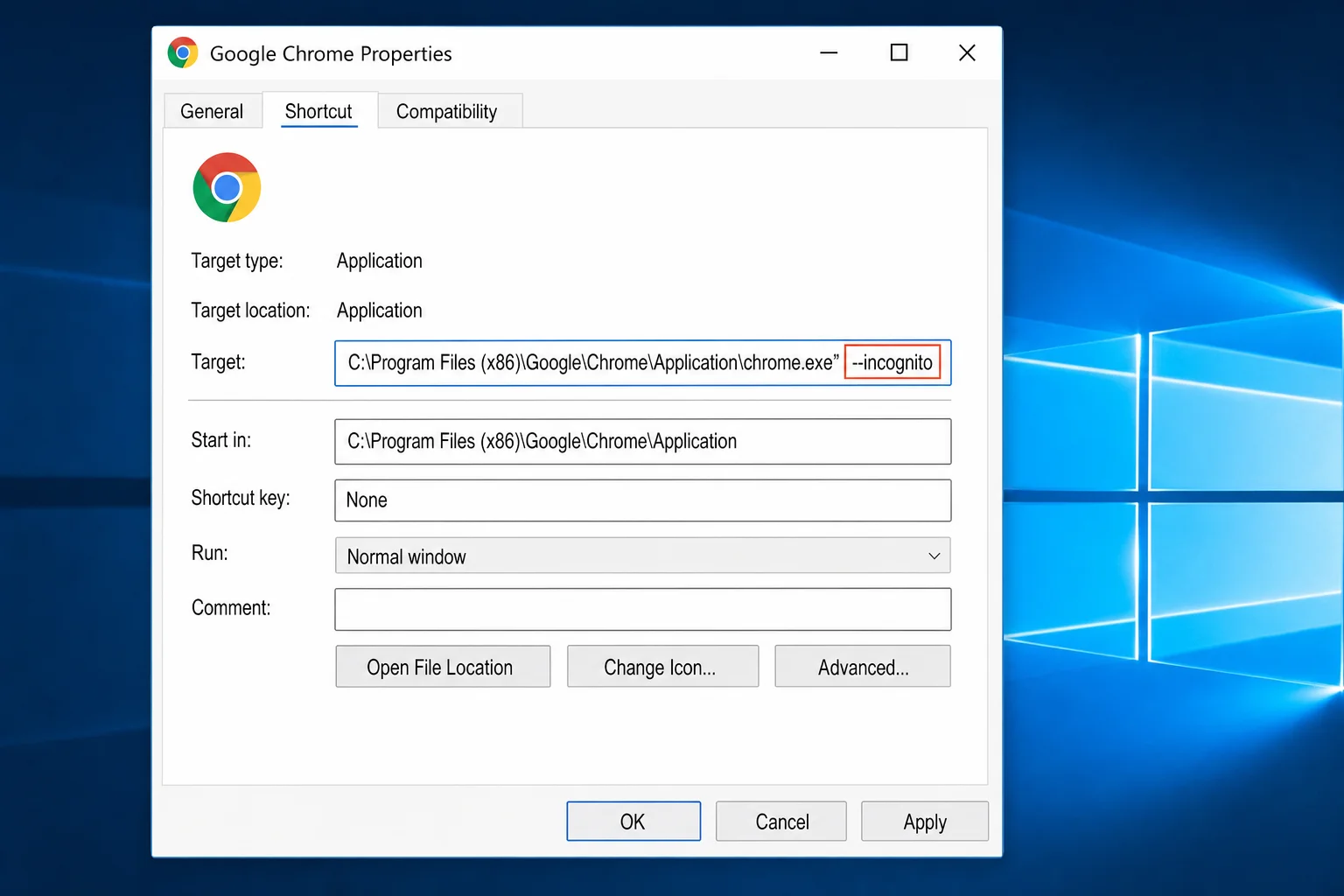 Chrome shortcut Properties window showing the Shortcut tab with the Target field containing the -incognito flag added after the executable path