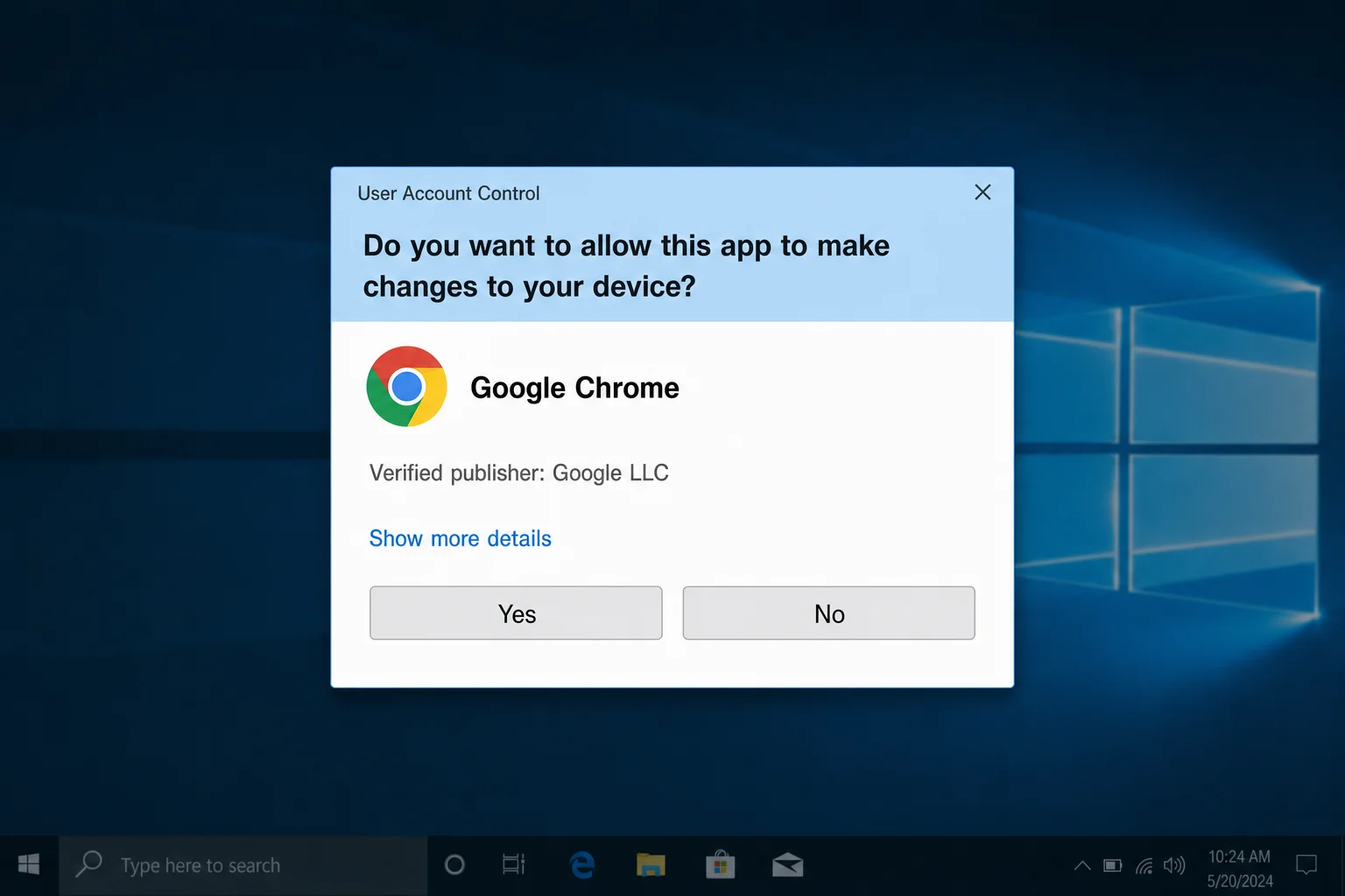 Windows UAC permission dialog asking to confirm changes to the Chrome shortcut