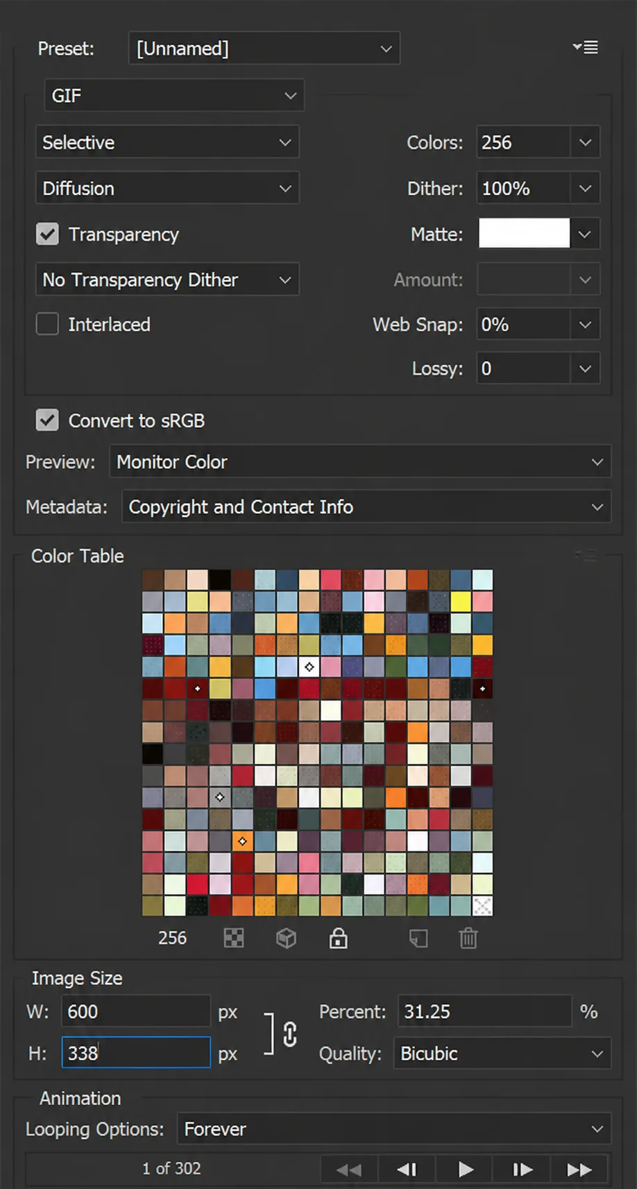 Photoshop Save for Web dialog settings panel showing GIF export options including preset, colors, dithering, image size, and looping controls