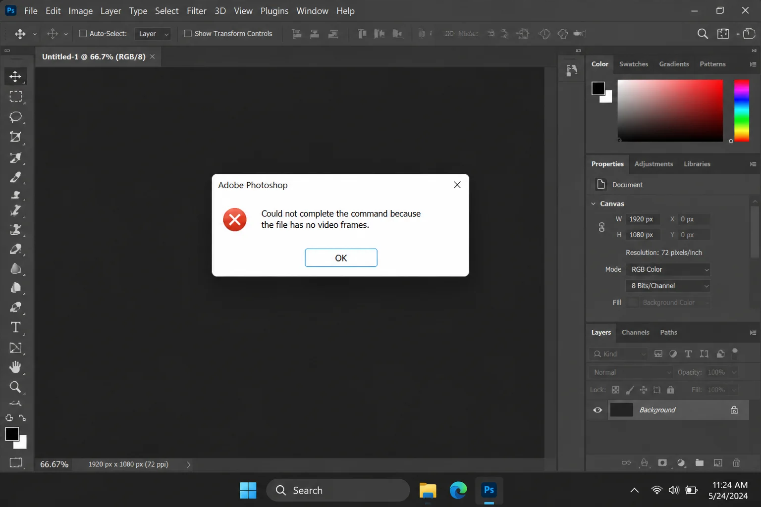 Photoshop error dialog reading "Could not complete the command because the file has no video frames"
