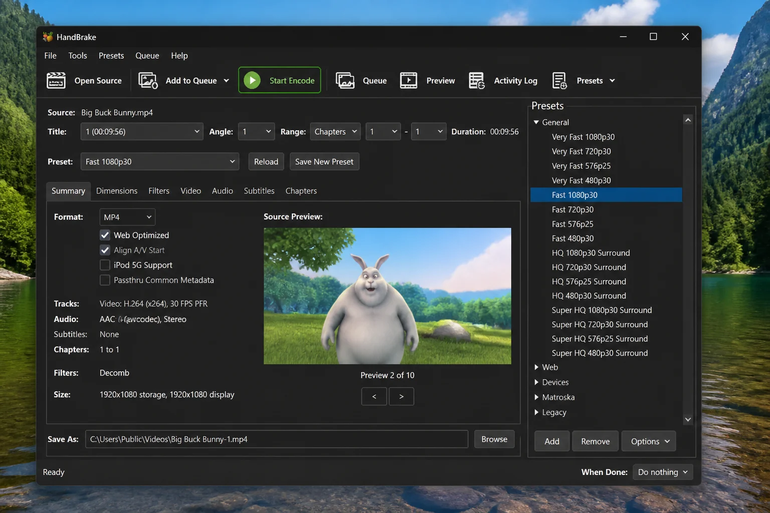HandBrake main window with a video file loaded, preset list on the right showing Fast 1080p30 selected, and Start Encode