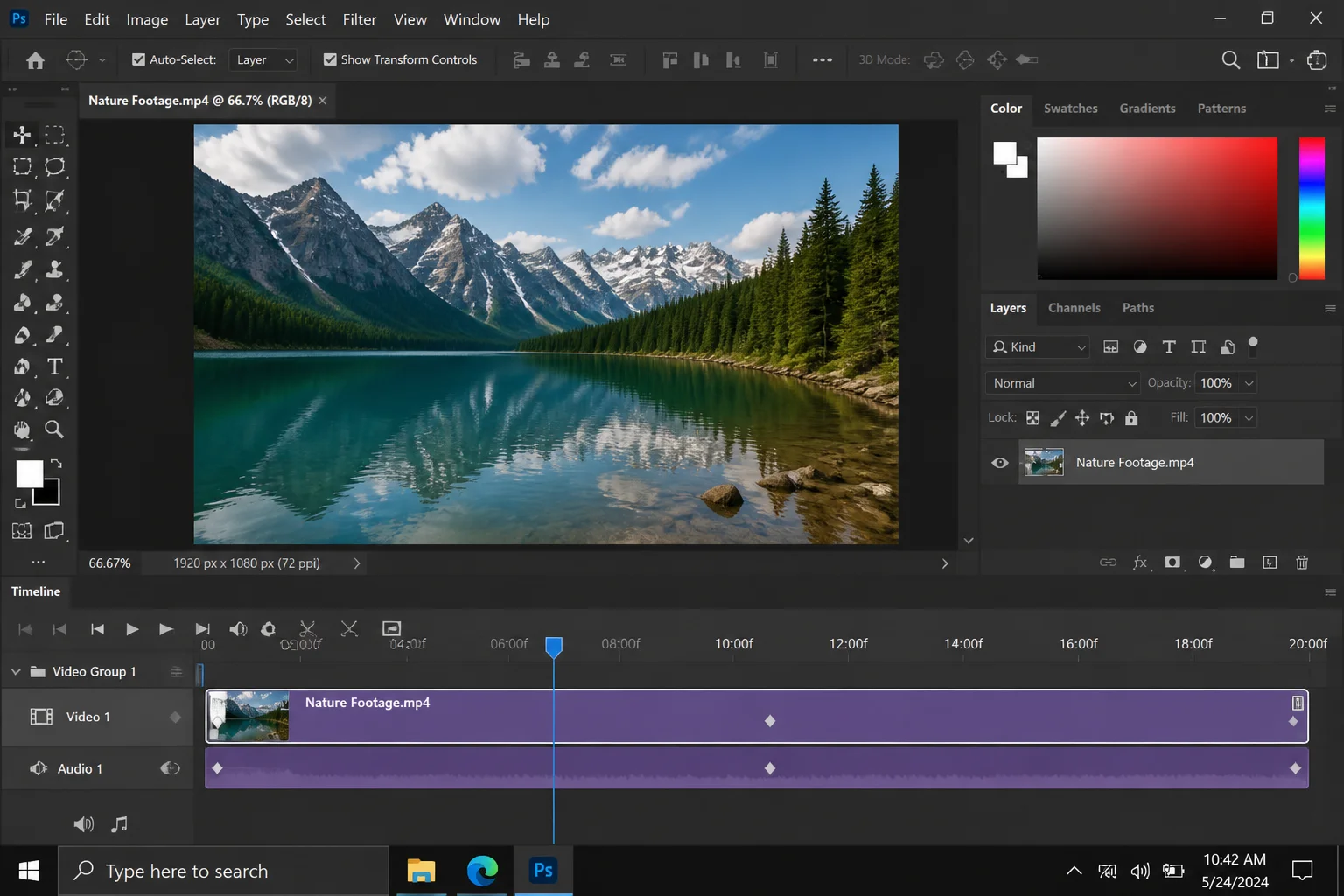 Photoshop workspace with a video file open as a video layer, the Timeline panel visible at the bottom of the screen showing