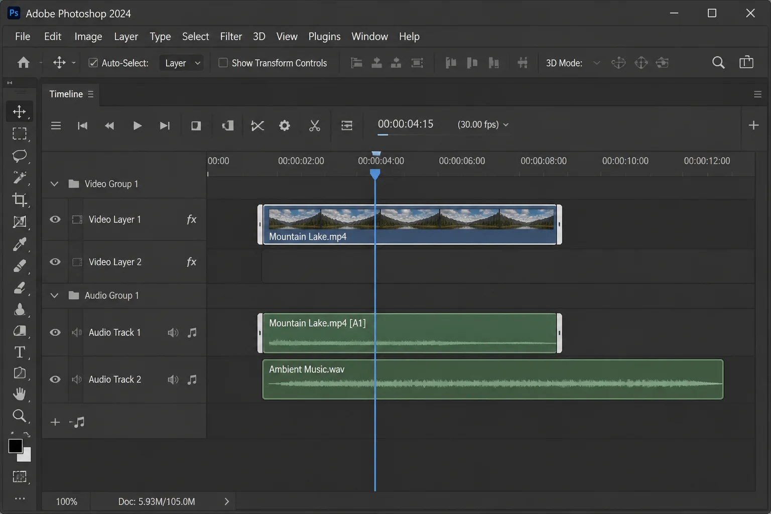 Photoshop Timeline panel with a video clip trimmed down to a short segment, playhead positioned mid-clip, with trim handles