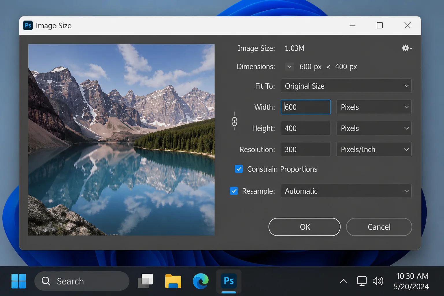 Photoshop Image Size dialog box with width set to 600 pixels, height adjusting proportionally, and Constrain Proportions