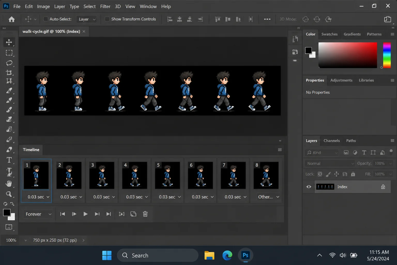 Photoshop Timeline panel in Frame Animation mode showing a row of individual video frames with frame delay dropdowns visible