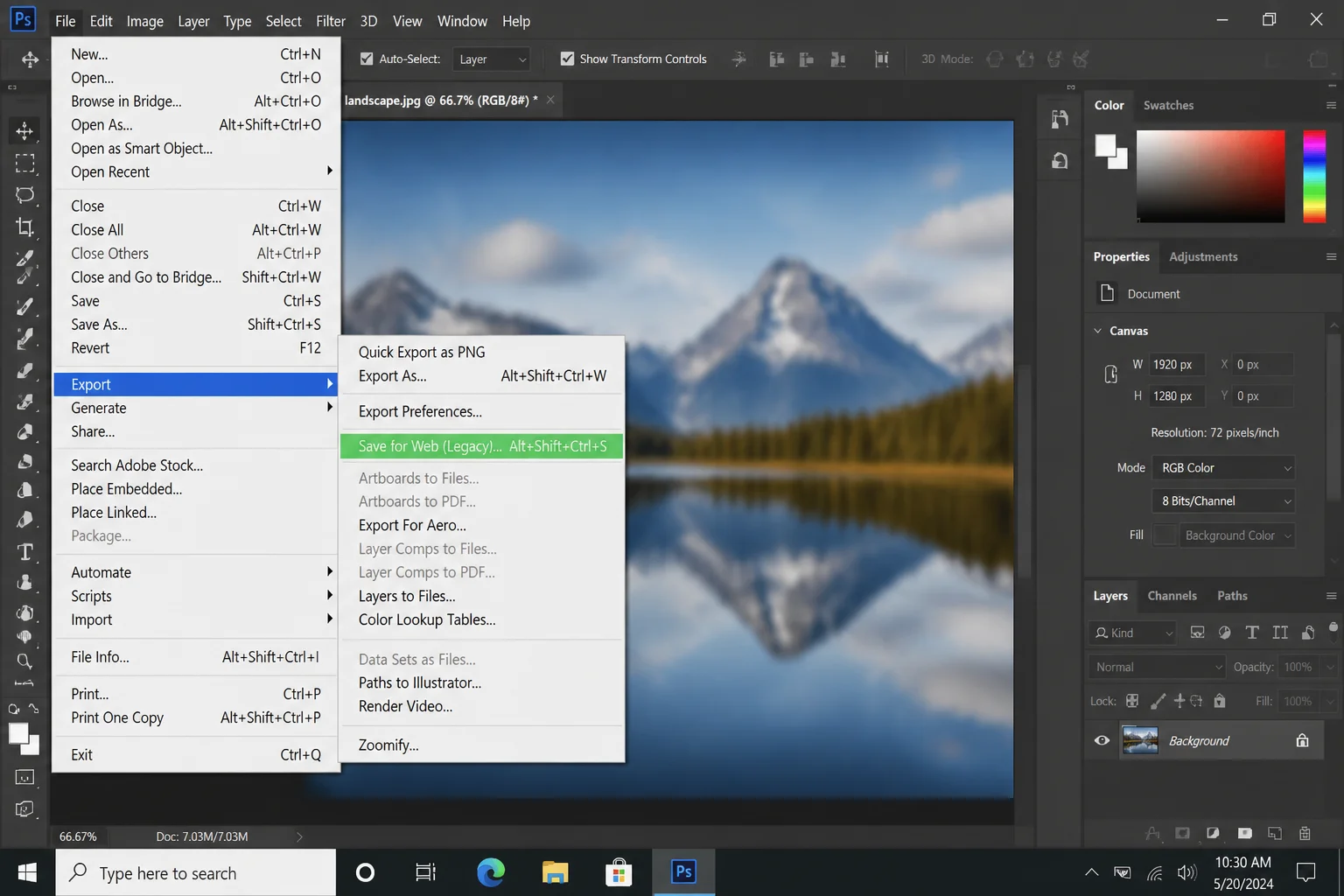 Photoshop File menu expanded to show the Export submenu with Save for Web (Legacy) option highlighted