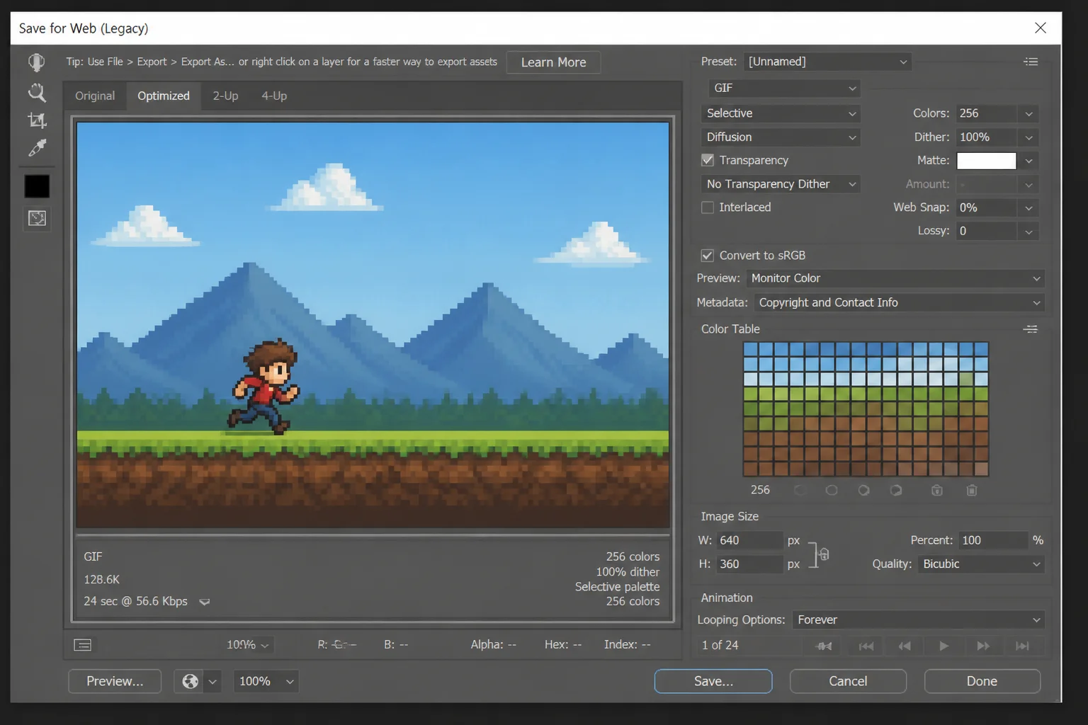 Photoshop Save for Web (Legacy) dialog showing GIF selected as the format, 256 colors, Diffusion dithering, Looping Options