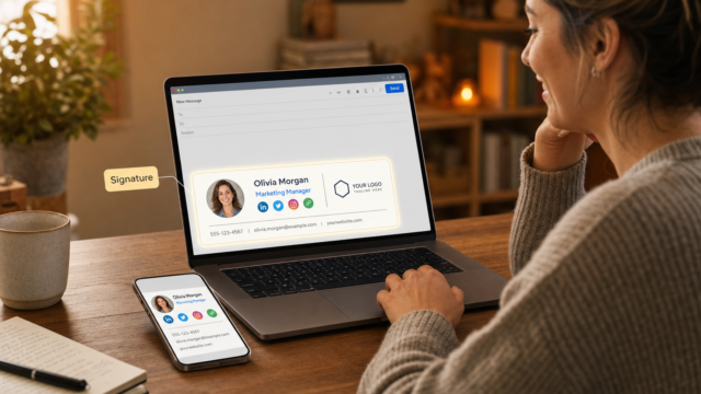 Woman at a wooden desk reviews a digital email signature on laptop and phone showing name Olivia Morgan, Marketing Manager, and social icons, with a photo badge in the signature. - create-html-signature-email-featured
