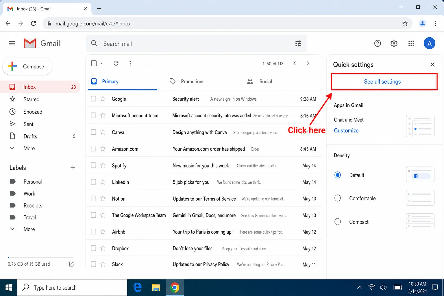 Gmail inbox with gear icon clicked and "See all settings" option highlighted in the dropdown