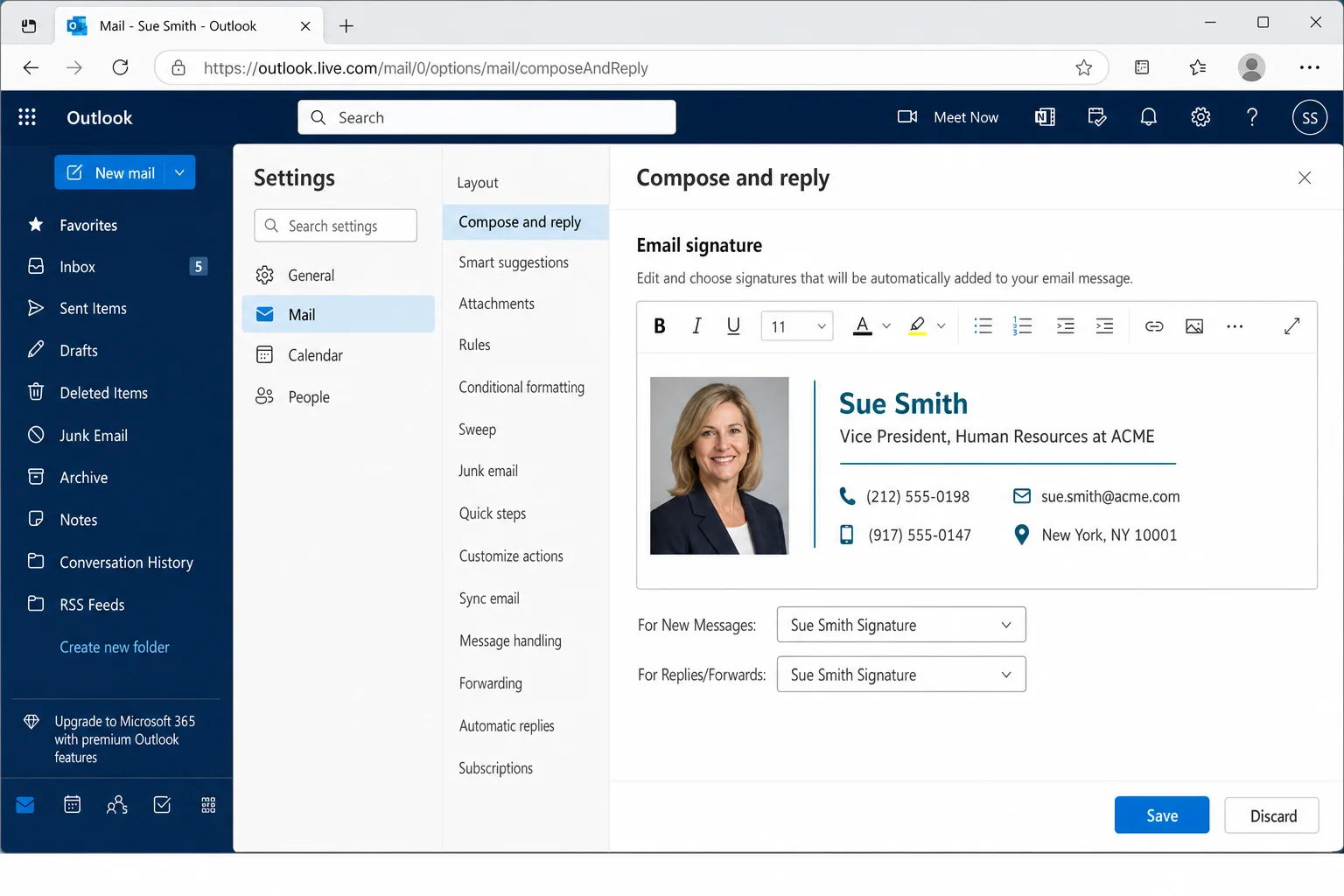 Outlook.com Compose and reply settings with a formatted signature pasted into the signature editor box