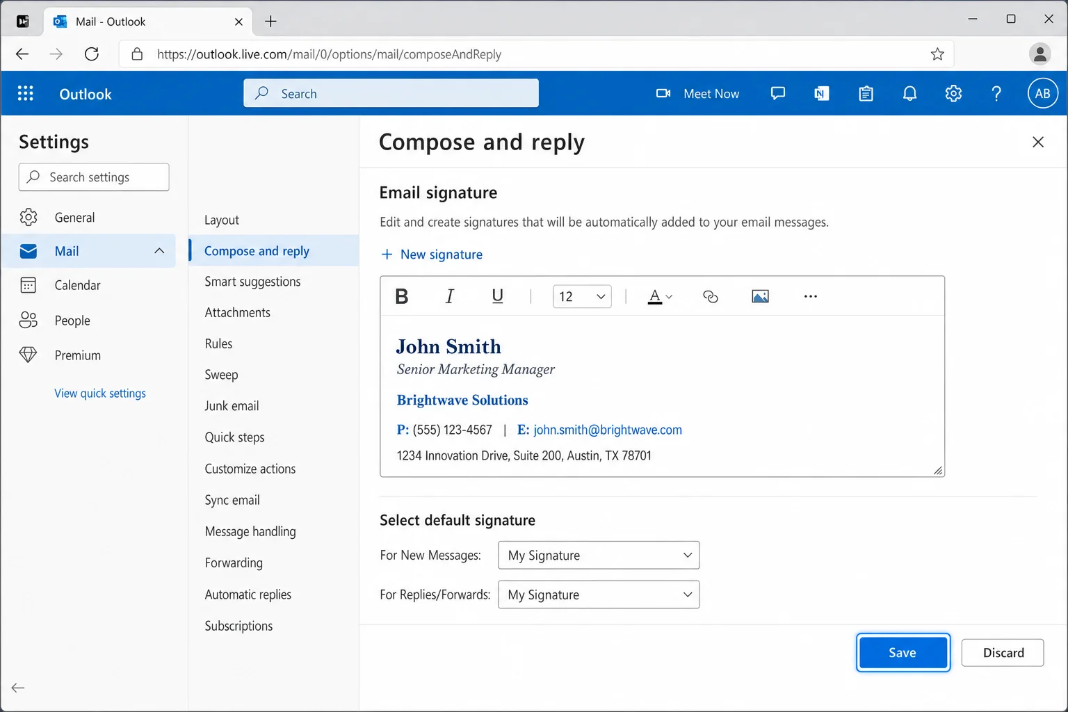 Outlook.com signature settings with default signature checkboxes enabled and Save button highlighted