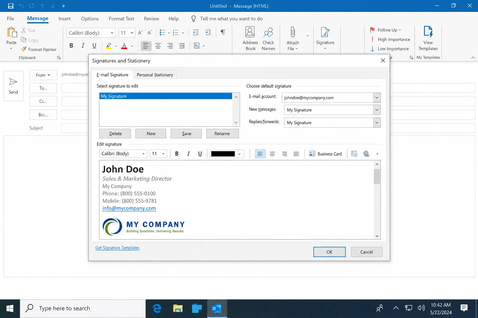 Classic Outlook for Windows Signatures and Stationery dialog with a formatted signature in the editor and default signature dropdowns