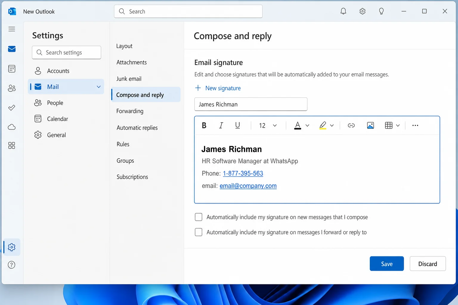 New Outlook for Windows Settings > Mail > Compose and reply showing the New signature editor with a formatted signature