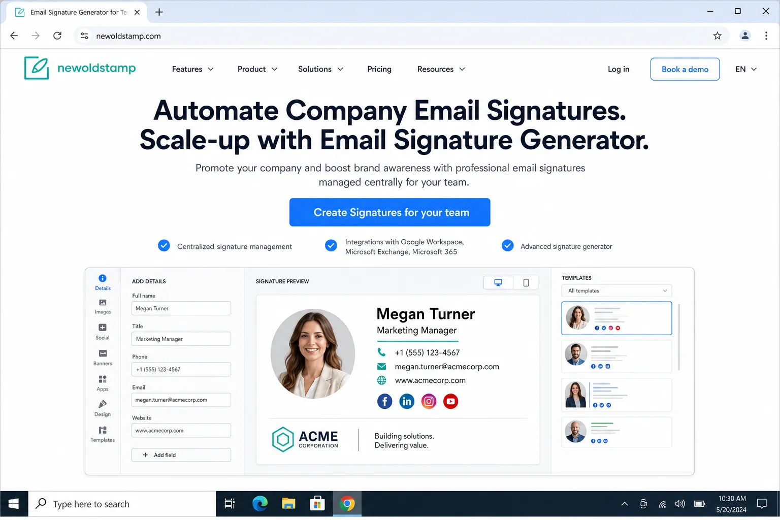 Newoldstamp email signature generator homepage showing template options and the signature editor interface