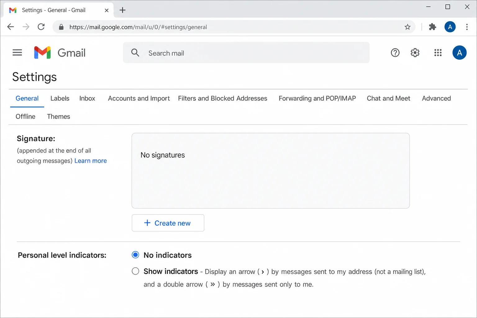 Gmail Settings General tab scrolled to the Signature section with "Create new" button visible