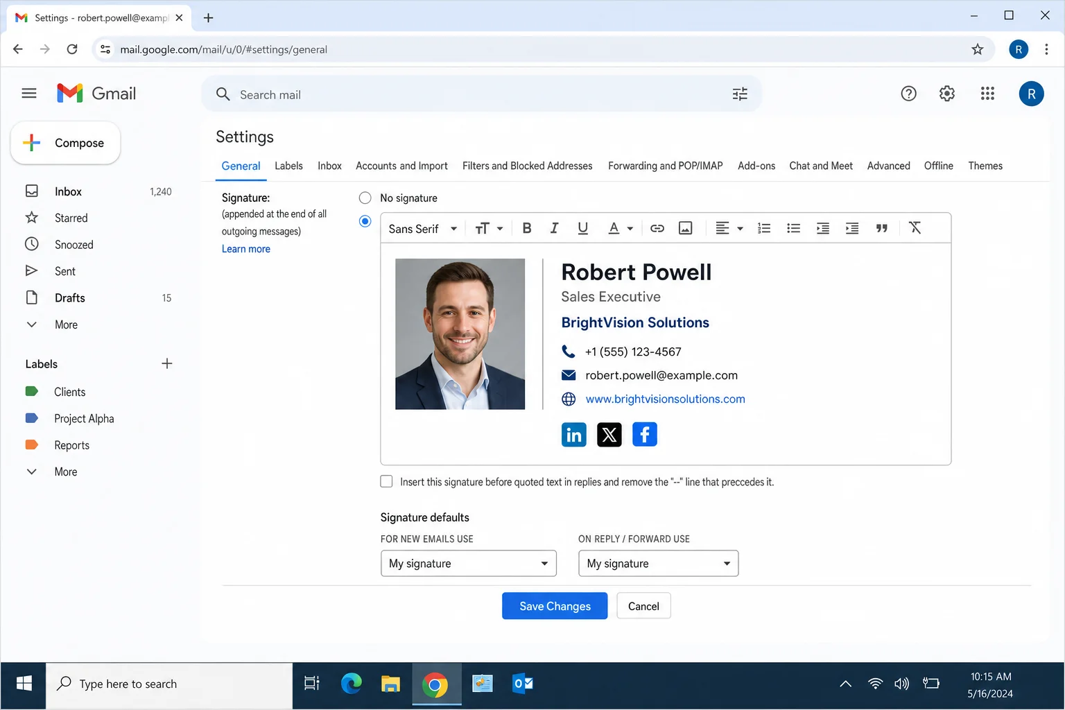 Gmail signature editor with a formatted HTML signature pasted in, showing name, title, and social icons