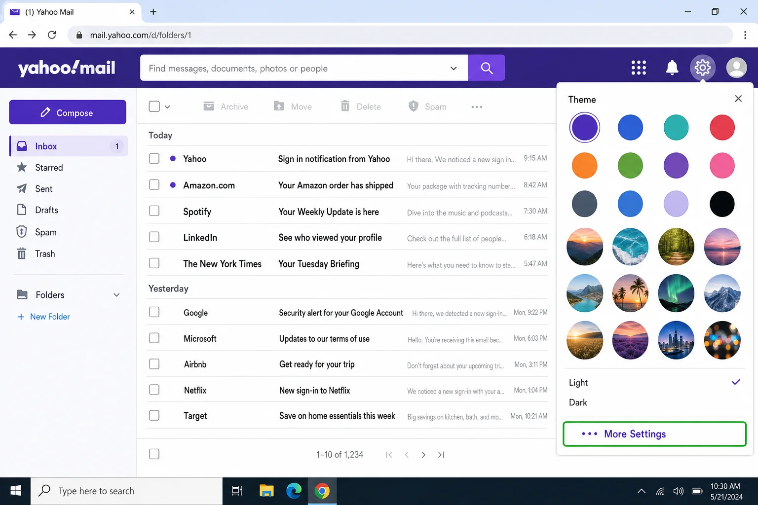 Yahoo Mail with gear icon clicked and "More Settings" option highlighted