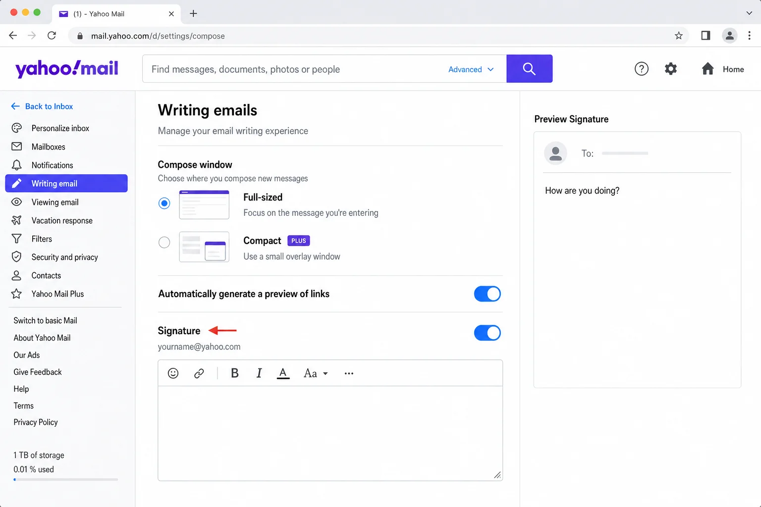 Yahoo Mail More Settings page with "Writing email" selected in the left sidebar