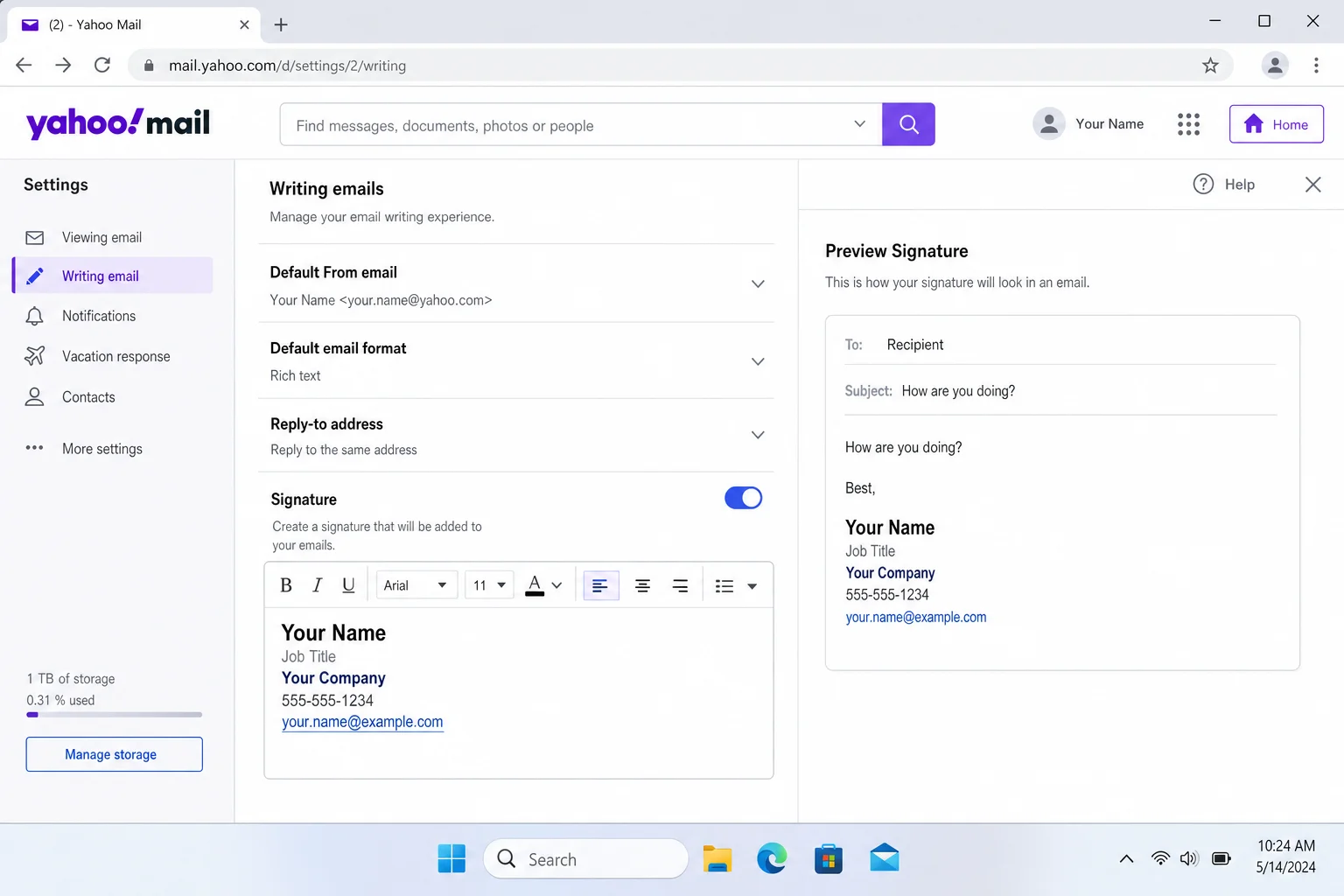 Yahoo Mail signature editor with a formatted signature pasted in showing name, title, and contact details