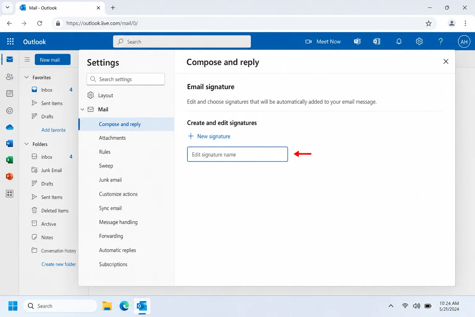 Outlook.com Settings panel with Mail > Compose and reply selected showing the Email signature section