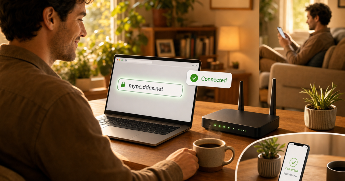 Man sits at a wooden table using a laptop showing a secure connection status with a green lock and 'Connected' badge nearby, a router with indicator lights on the desk, and a cup of coffee nearby. - ddns-dynamic-dns-service-featured