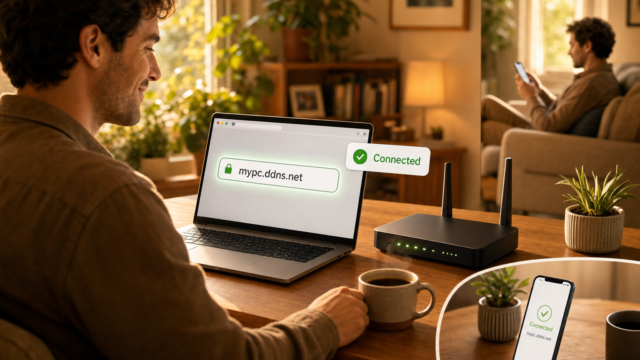 Man sits at a wooden table using a laptop showing a secure connection status with a green lock and 'Connected' badge nearby, a router with indicator lights on the desk, and a cup of coffee nearby. - ddns-dynamic-dns-service-featured