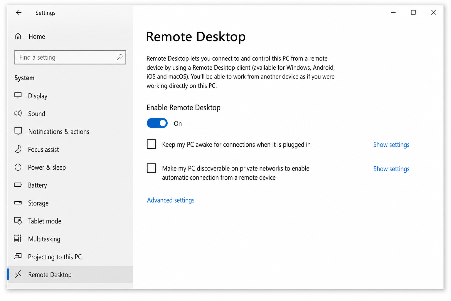Windows 10 Settings showing Remote Desktop toggle enabled