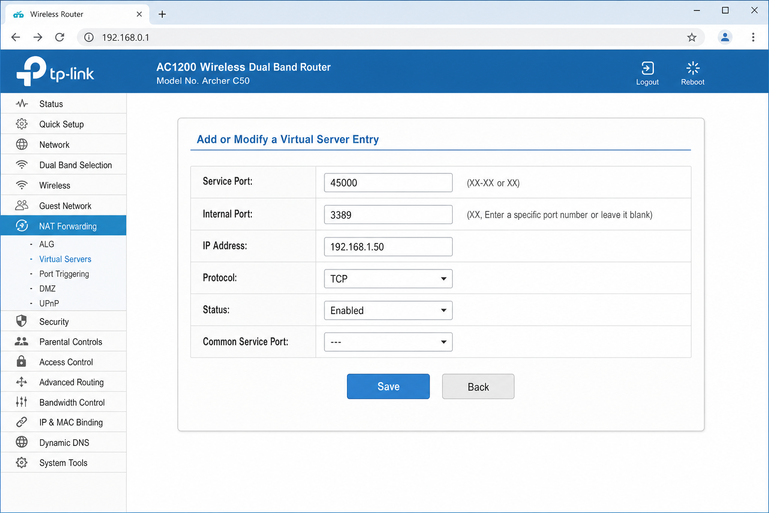 Router admin panel port forwarding page showing a rule with external port 45000 forwarding to internal IP 192.168.1.50 on port 3389