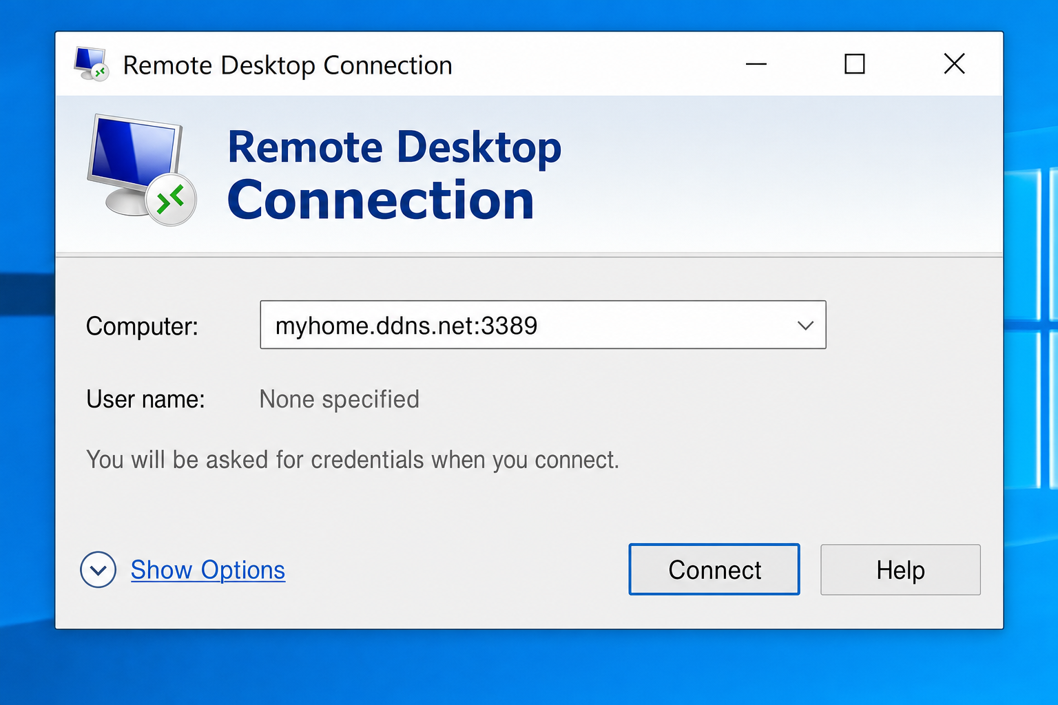 Windows Remote Desktop Connection dialog with a DDNS hostname and port entered in the Computer field